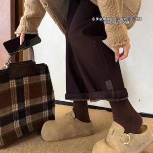 高腰小个子弹力九分卷边直筒裤 可可棕加厚绒牛仔法棍裤 女2025冬季