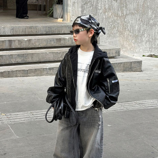 番薯弟弟2026春季新儿童连帽皮衣外套男童帅气百搭pu软皮外套开衫