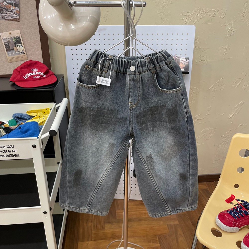 拼接手工做旧砂洗宽松加绒牛仔裤2025冬季新款男童个性保暖长裤潮