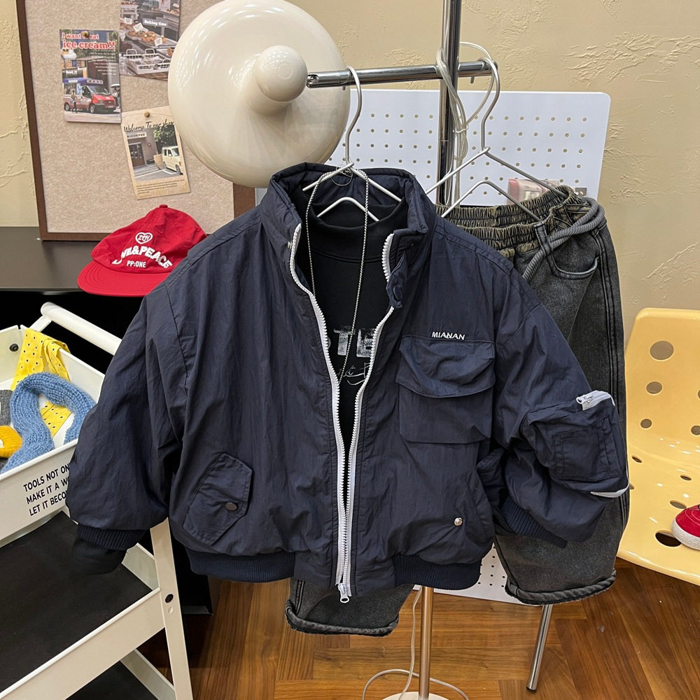 装饰色拉链工装棉衣外套2025冬季新款儿童洋气韩版棉服上衣男童