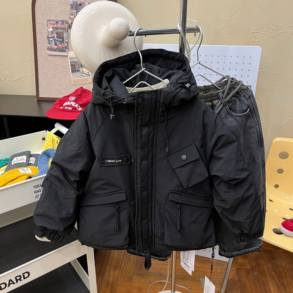 门襟贴织带连帽工装棉衣外套2025冬季新款儿童派克服男童棉服