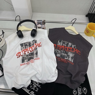 SUP红字印花无袖T恤纯棉夏季男童韩版背心洋气中大童坎肩宽松儿童