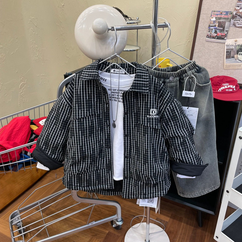 小格子工装衬衫棉衣外套宽松个性2025冬季新款儿童洋气衬衣棉服潮