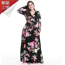 长裙 印花连衣裙度假沙滩裙女装 欧美大码 2018连衣裙V领开衩长袖