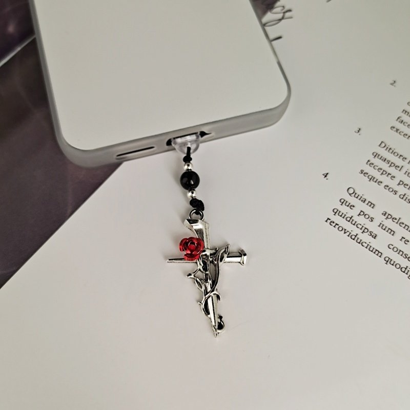 高颜值荆棘玫瑰十字架吊坠手机防尘塞充电口堵挂件type-c苹果华为