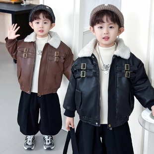 男童加绒皮衣外套秋冬2025新款 皮夹克儿童加厚衣服潮 帅气宝宝冬装