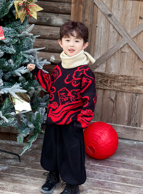 男童拜年服儿童加厚毛衣过年新年衣服秋冬季国风男宝宝红色毛线衣
