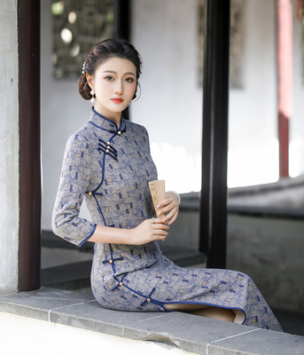 旗袍2025年新款改良女年轻款连衣裙高端气质高级长袖复古蓝色春秋