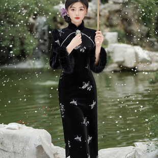 黑色旗袍新款2025秋冬季高级感复古修身冬款加绒加厚新中式冬天