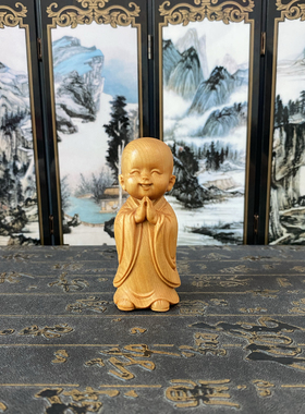 崖柏木雕小沙弥摆件复古禅意家居装饰手把件高8厘米