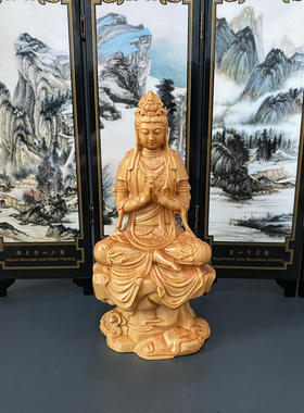崖柏木雕合十自在观音菩萨车载人物佛像饰品家居佛堂供奉摆件