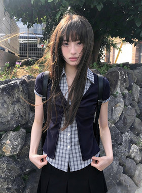 设计感假两件短袖上衣女格纹衬衫拼接藏青色开衫式韩系修身款T恤