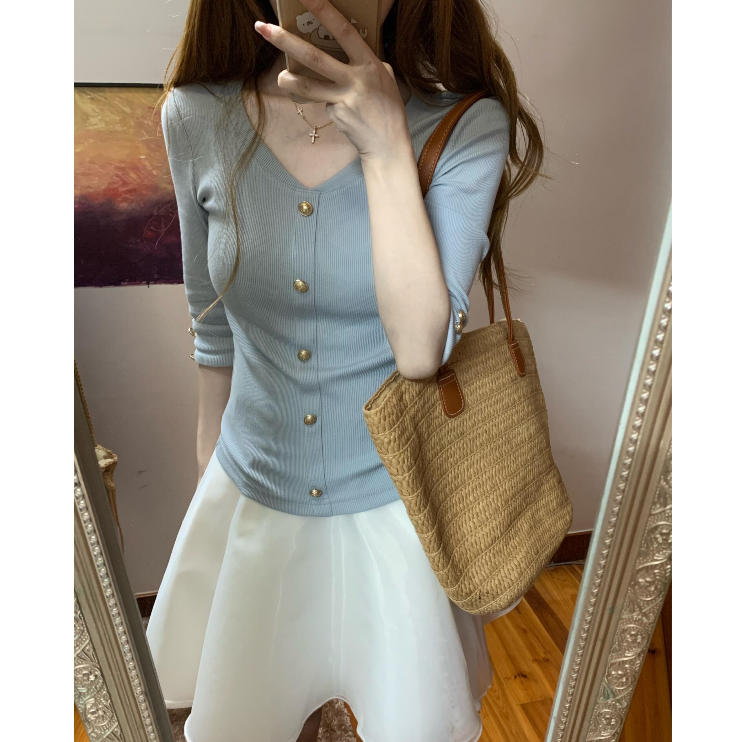 法式气质小香风蓝色中袖针织衫白色蓬蓬半身裙套装女春夏显瘦穿搭