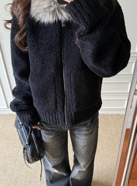 定染毛领小颗粒加厚羊羔毛外套女2025新款黑色皮毛一体加厚短皮草