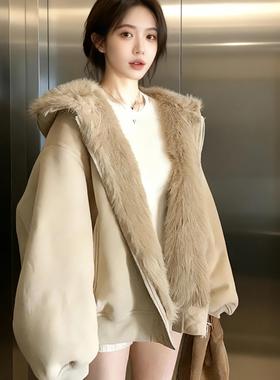 两面穿外套女冬2025新款座山雕棉服环保仿皮草加厚保暖连帽卫衣