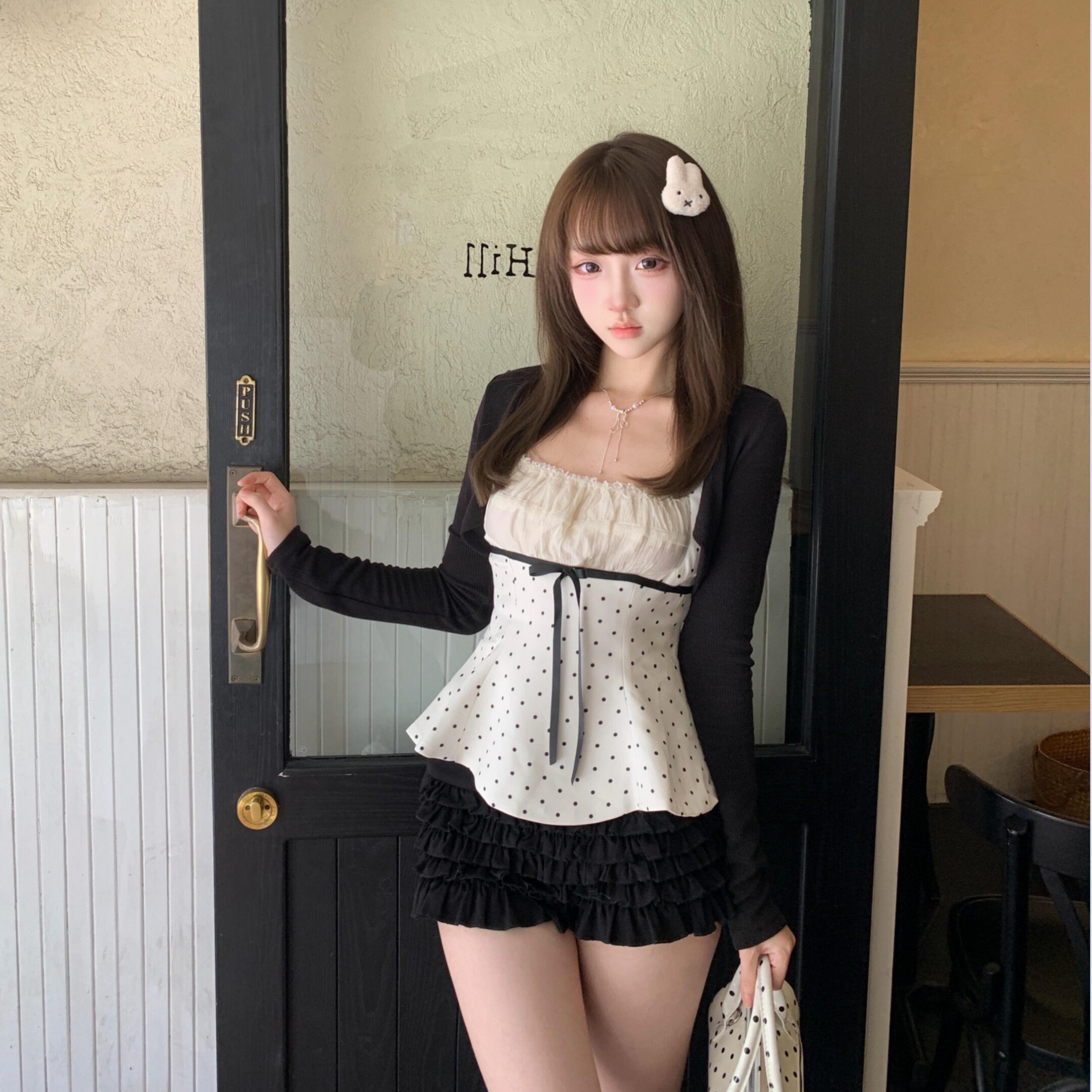 温柔系黑色针织衫波点收腰吊带背心蛋糕裙小个子显高甜妹套装女