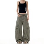 2025新款工装裤女 美式复古解构弯刀设计感多口袋宽松直筒阔腿裤