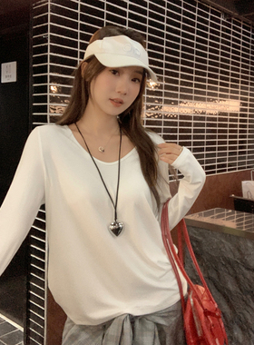 白色V领打底长袖正肩t恤女秋冬慵懒风宽松垂感纯欲内搭打底衫上衣
