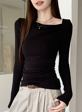 法式收腰长袖t恤女2025新款秋季修身打底衫蓝色斜肩上衣