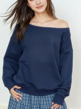巨好看的美式斜肩上衣女长袖宽松大码休闲百搭露肩一字领T恤