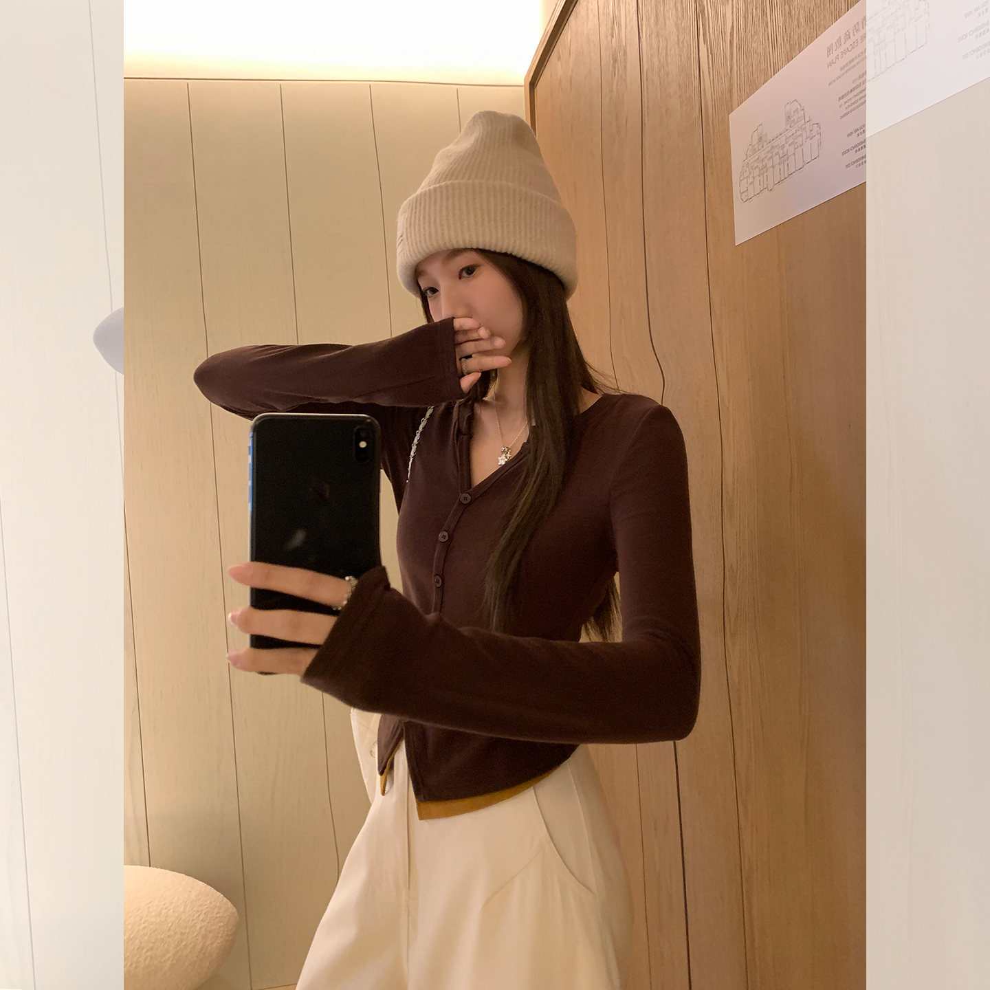 咖色V领假两件上衣女时尚洋气