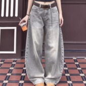 女高级感阔腿拖地百搭休闲长裤 美式 复古泼墨做旧水洗弯刀牛仔裤