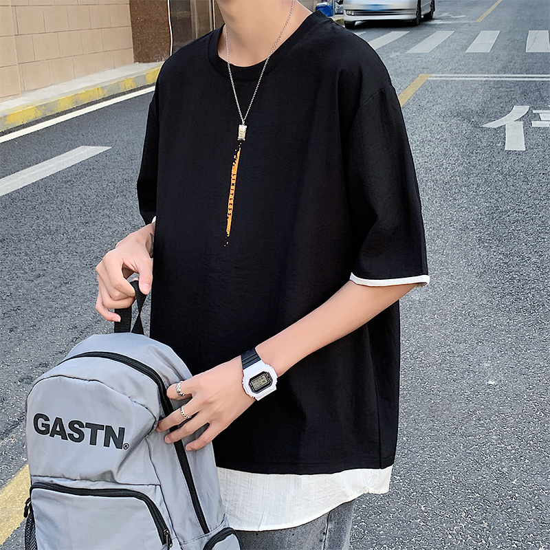 港風短袖恤冰絲男士寬鬆百搭潮牌百搭休閒衣服