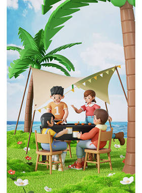 儒愿JJQ4C4D模型OC渲染春季春天3D户外露营游玩烧烤人物C4D海报