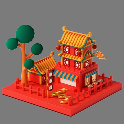 C4D模型OC渲染3D立体中国风国潮年货节喜庆中式建筑兔年春节
