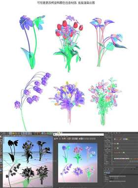 c4d模型默认渲染默认渲染C4D模型酸性绿色植物花叶子花束背景设计