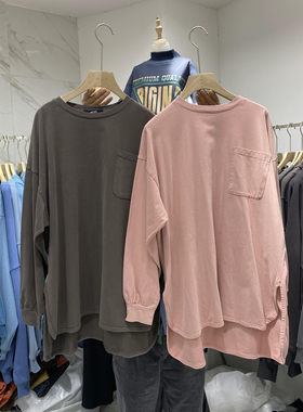 韩国东大门长袖T恤女中长款胸前口袋洗水棉纯棉宽松上衣百搭开叉