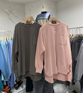 韩国东大门长袖T恤女中长款胸前口袋洗水棉纯棉宽松上衣百搭开叉