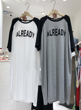 韩版东大门新品插肩袖短袖T恤女中长款字母印花宽松显瘦长款单穿