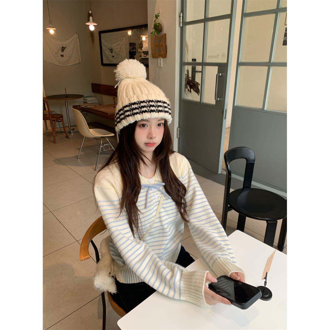 甜美蝴蝶结翻领条纹针织衫女秋冬小个子韩系设计感打底上衣