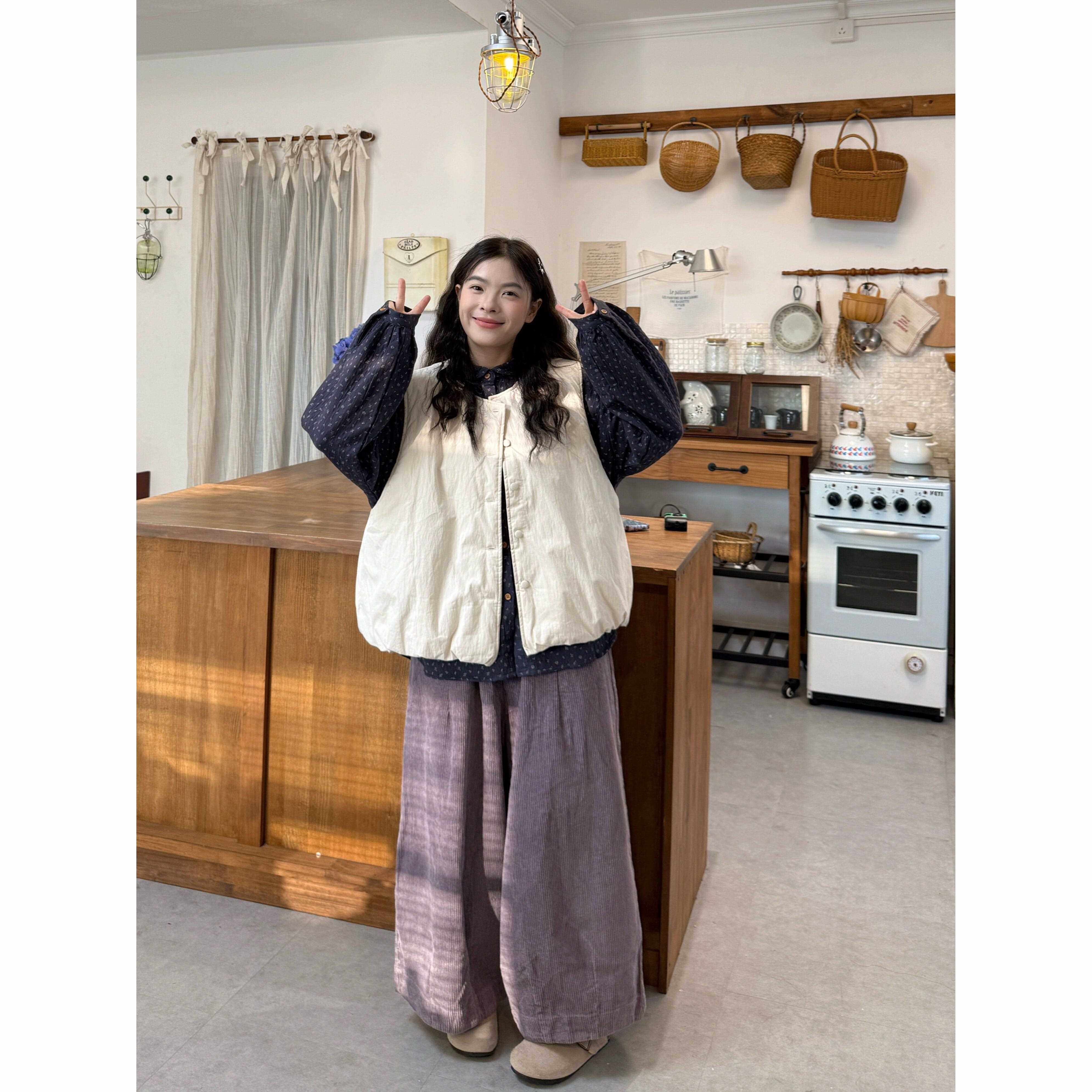 覆古碎花长袖衬衫日系夹棉马甲女秋季小个子套装灯芯绒裤子