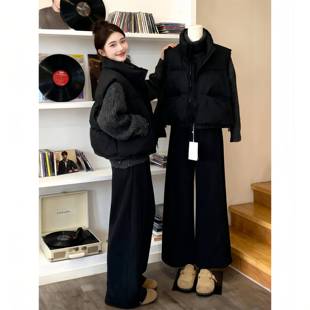 套装 时尚 搭配一整套韩系穿搭慵懒针织上衣叠穿棉服马甲阔腿裤 冬装