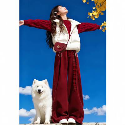 2026超火冬装一整套穿搭加厚保暖羽绒棉马夹红色卫衣阔腿裤三件套