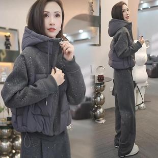 星空闪高级感羽绒棉服女2024冬季 面包服连帽拼接棉袄加厚外套 新款