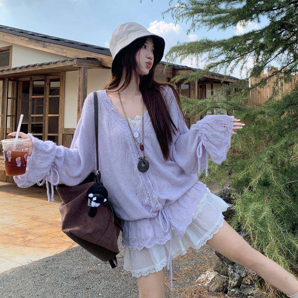 紫色钩花镂空v领针织衫女秋冬设计感抽绳系带宽松喇叭袖毛衣开衫,女装/女士精品,时尚套装,淘宝优惠券,粉丝福利购,淘宝优惠卷