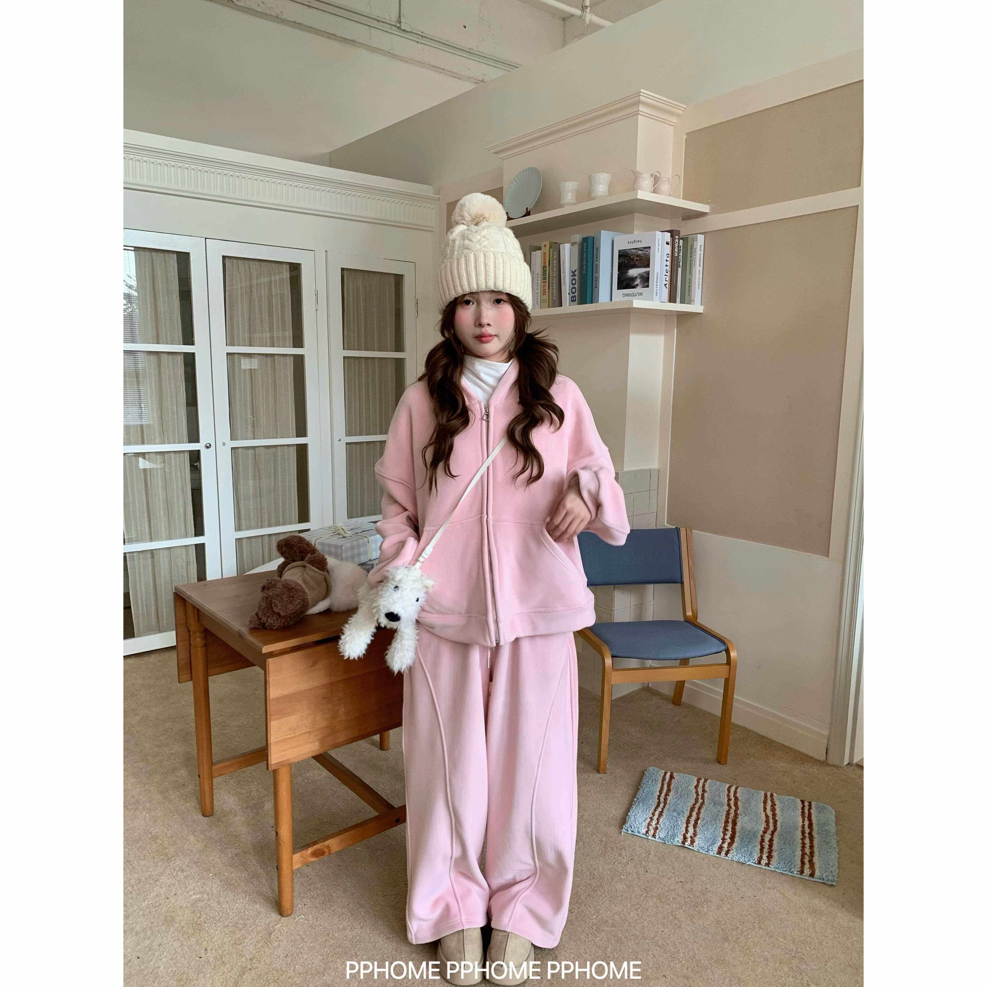 自制~懒人冬日录 奥粒绒秋冬宽松大版型连帽卫衣卫裤套装女