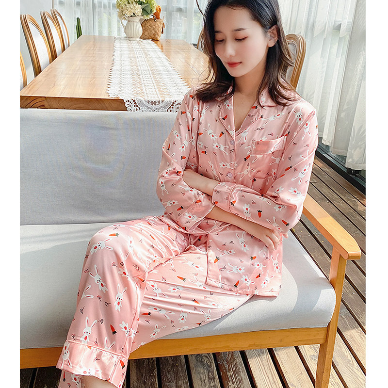 粉色小兔子印花冰丝长袖长裤丝绸薄款丝滑2025女睡衣家居服套装