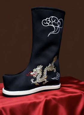 汉服古装靴龙纹云绣 翘头cos汉服内增高 男女中式皂靴弓鞋摄影靴