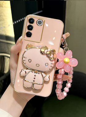 适用vivos17手机壳女款s16pro可爱猫咪补妆镜支架s17e保护套s15/s12硅胶s10/s9/s7/s6/s5防摔粉色小清新