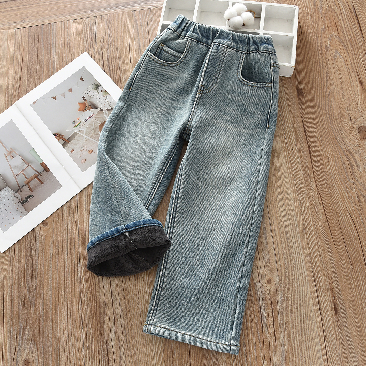 女童水洗软牛仔加绒裤