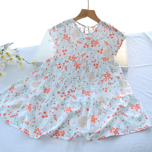 女童碎花连衣裙中大童绵绸短袖 夏季 童装 公主裙人造棉裙子 福利