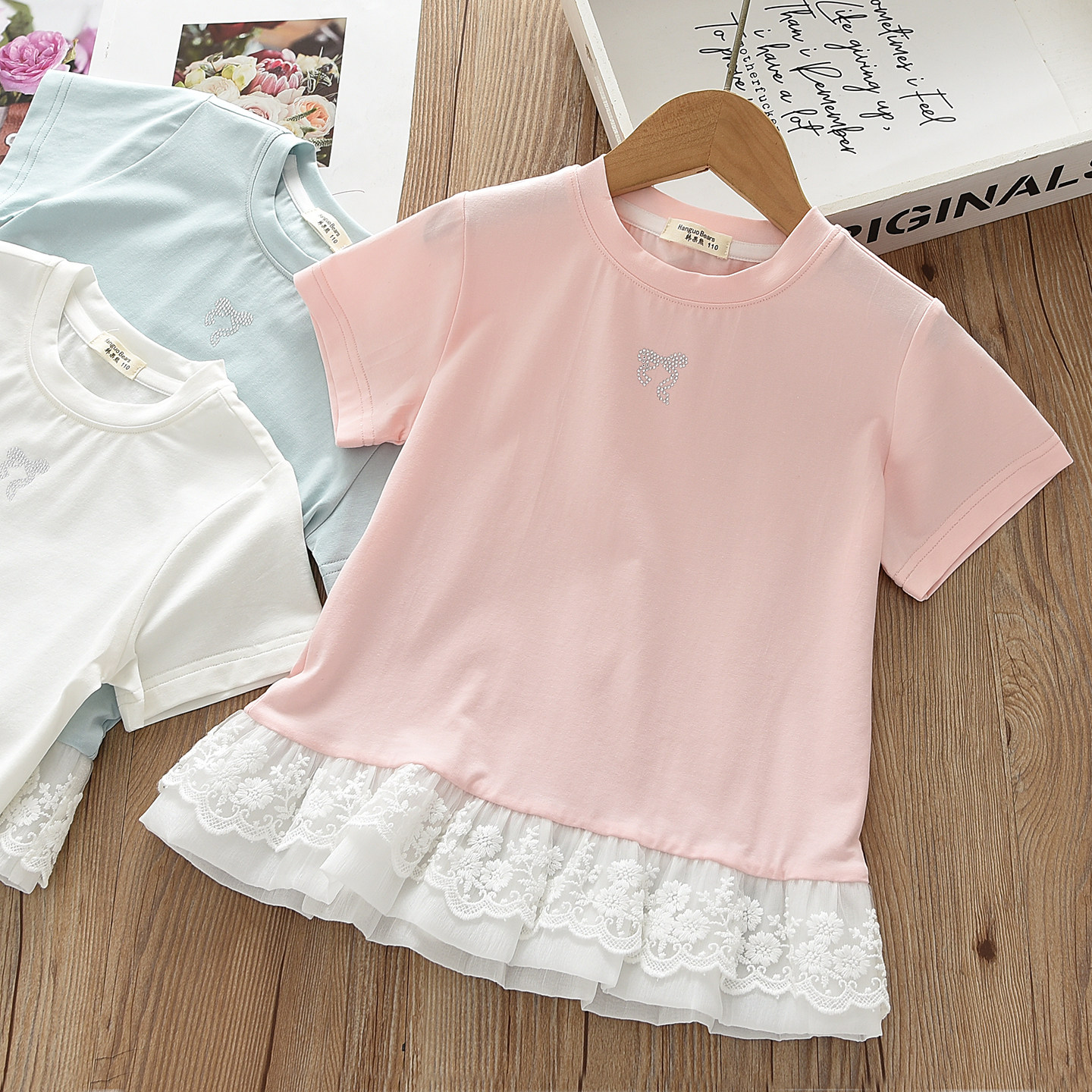 女童短袖T恤衫洋气童装春2026春夏款蕾丝花边白T宝宝公主时髦上衣