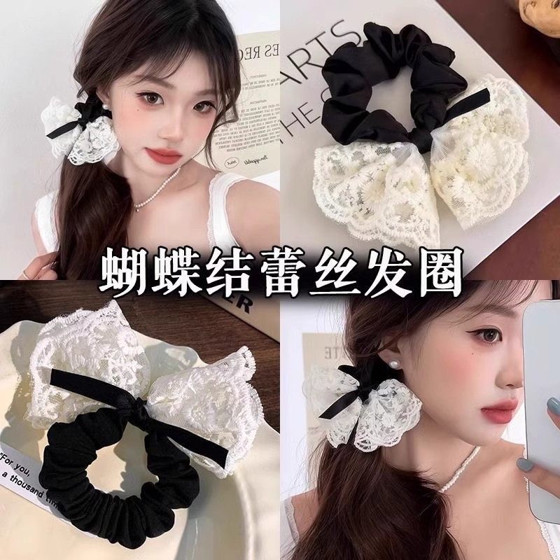 甜美蝴蝶结千金发圈蕾丝双层温柔韩版皮筋时尚刺绣复古发绳气质