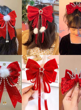 儿童发夹蝴蝶结头饰女童红色后脑勺发卡女孩宝宝新年过年夹子发饰