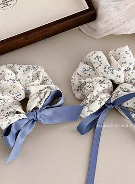 韩系温柔!蓝色碎花大肠发圈!高级感大号丸子头花朵发绳头绳发饰