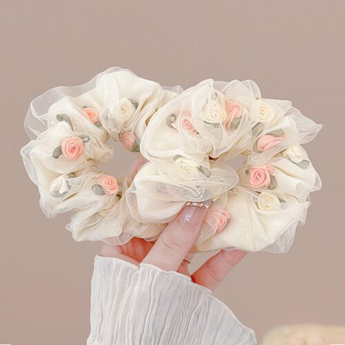 玫瑰花网纱大肠发圈女法式扎头发绳气质橡皮筋高弹力耐用头饰皮套